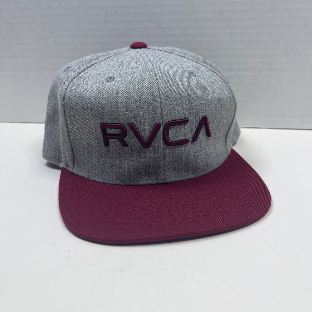 RVCA Snapback Hat Gray Maroon Twill Hat Adjustable Mid Fit Structured Snapback
